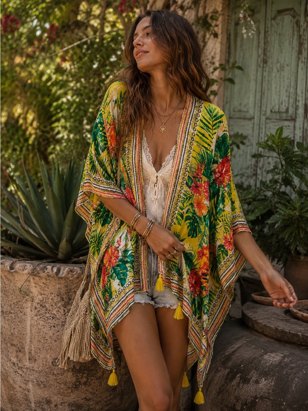 NINE WEST Bright Colorful Metallic Boho Floral Kimono Coverup With Tassles Sz OS